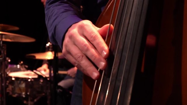 Musician playing on double-bass viol. Slow motion view.