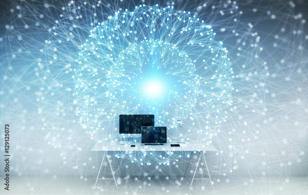 Poster Workplace with modern devices and hologram screens 3D rendering