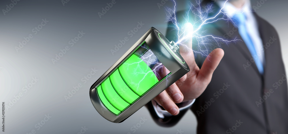 Aufkleber Man touching 3D render battery with lightning with his finger