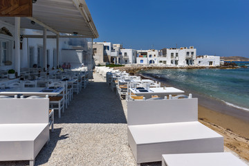White house and Bay in Naoussa town, Paros island, Cyclades, Greece
