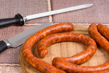 Closeup macro red domestic sausages