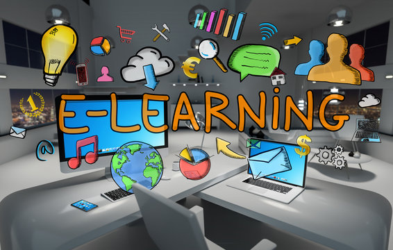 E-learning hand drawn concept in office 3D rendering