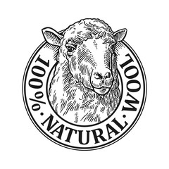 Sheep head. 100% Natural wooll lettering. Vintage vector engraving illustration