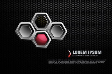 Vector abstract gradient black and white mesh background with hexagon red, gray and yellow shapes.