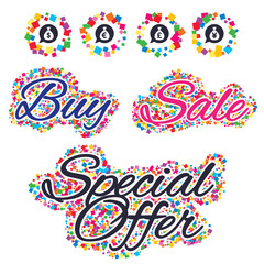 Sale confetti labels and banners. Money bag icons. Dollar, Euro, Pound and Yen speech bubbles symbols. USD, EUR, GBP and JPY currency signs. Special offer sticker. Vector