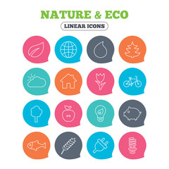 Nature and Eco icons. Trees, leaf and tulip or rose flower. Planet and water drop. Energy saving lamp, electric plug and house building. Flat speech bubbles with linear icons. Vector