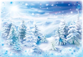 Poster Winter landscape with snowflakes frame © dracozlat