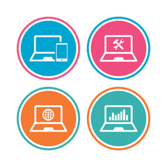 Notebook laptop pc icons. Internet globe sign. Repair fix service symbol. Monitoring graph chart. Colored circle buttons. Vector
