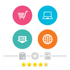 Online shopping icons. Notebook pc, shopping cart, buy now arrow and internet signs. WWW globe symbol. Calendar, cogwheel and report linear icons. Star vote ranking. Vector