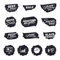Ink brush sale stripes and banners. Diagram graph Pie chart icon. Presentation billboard symbol. Supply and demand. Man standing with pointer. Black friday. Ink stroke. Vector