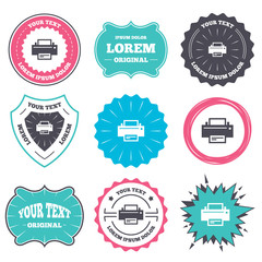 Label and badge templates. Print sign icon. Printing symbol. Print button. Retro style banners, emblems. Vector