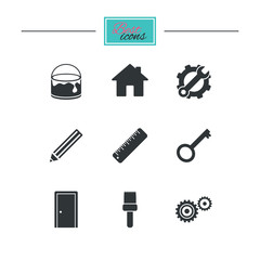 Repair, construction icons. Service, key and door signs. Painting, brush and pencil symbols. Black flat icons. Classic design. Vector