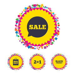 Web buttons with confetti pieces. Sale speech bubble icons. Two equals one. Black friday sign. Big sale shopping bag symbol. Bright stylish design. Vector
