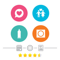 Condom safe sex icons. Lovers couple signs. Male love female. Speech bubble with heart. Calendar, cogwheel and report linear icons. Star vote ranking. Vector