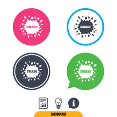 Cracked hole icon. Smash or break symbol. Report document, information sign and light bulb icons. Vector