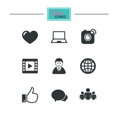 Social media icons. Video, share and chat signs. Human, photo camera and like symbols. Black flat icons. Classic design. Vector