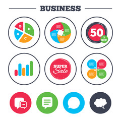Business pie chart. Growth graph. Chat icons. Comic speech bubble signs. Communication think symbol. Super sale and discount buttons. Vector