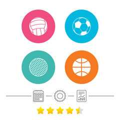 Sport balls icons. Volleyball, Basketball, Soccer and Golf signs. Team sport games. Calendar, cogwheel and report linear icons. Star vote ranking. Vector