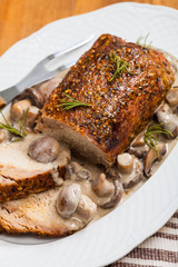 Roasted Pork Loin Tenderloin with Mushroom. Selective focus.