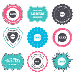Label and badge templates. Taxi speech bubble sign icon. Public transport symbol Retro style banners, emblems. Vector