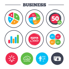 Business pie chart. Growth graph. Presentation billboard, brainstorm icons. Cash money and lamp idea signs. Man standing with pointer. Scheme and Diagram symbol. Super sale and discount buttons
