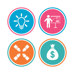 Presentation billboard icon. Dollar cash money and lamp idea signs. Man standing with pointer. Teamwork symbol. Colored circle buttons. Vector