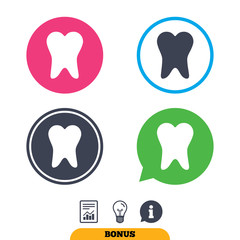Tooth sign icon. Dental care symbol. Report document, information sign and light bulb icons. Vector