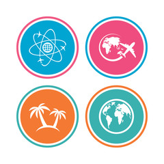 Travel trip icon. Airplane, world globe symbols. Palm tree sign. Travel round the world. Colored circle buttons. Vector