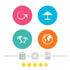 Travel trip icon. Airplane, world globe symbols. Palm tree and Beach umbrella signs. Calendar, cogwheel and report linear icons. Star vote ranking. Vector