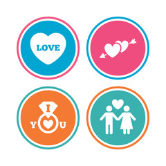 Valentine day love icons. I love you ring symbol. Couple lovers sign. Colored circle buttons. Vector