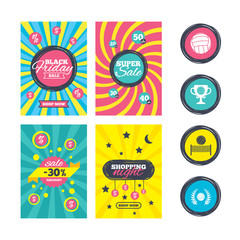 Obraz premium Sale website banner templates. Volleyball and net icons. Winner award cup and laurel wreath symbols. Beach sport symbol. Ads promotional material. Vector