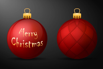 Red christmas balls with golden holders. Set of isolated realistic decorations on black background. Vector illustrations