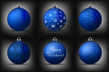 Blue christmas balls with silver holders. Set of isolated realistic decorations on black background. Vector illustrations