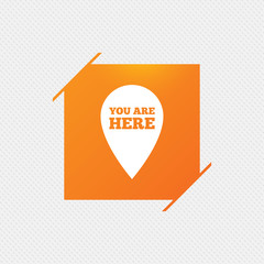 You are here sign icon. Info map pointer with your location. Orange square label on pattern. Vector