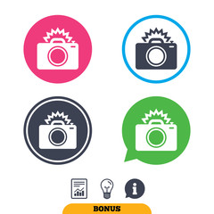 Photo camera sign icon. Photo flash symbol. Report document, information sign and light bulb icons. Vector