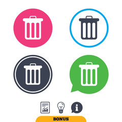 Recycle bin sign icon. Bin symbol. Report document, information sign and light bulb icons. Vector