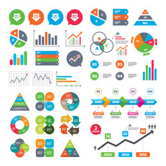 Business charts. Growth graph. Sale arrow tag icons. Discount special offer symbols. 10%, 20%, 30% and 40% percent sale signs. Market report presentation. Vector