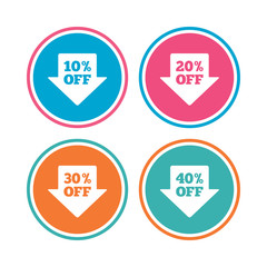 Sale arrow tag icons. Discount special offer symbols. 10%, 20%, 30% and 40% percent off signs. Colored circle buttons. Vector