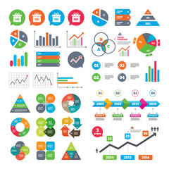 Business charts. Growth graph. Sale gift box tag icons. Discount special offer symbols. 30%, 50%, 70% and 90% percent discount signs. Market report presentation. Vector