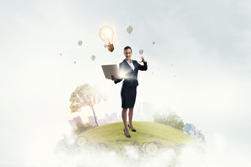 Woman with laptop in hands . Mixed media