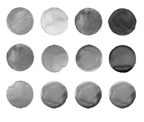 Set of colorful watercolor hand painted circle isolated on white. Illustration for artistic design. Round stains, blobs