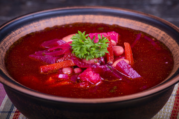 Ukrainian and russian national food - red beet soup, borscht