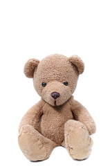 Brown teddy bear sit on white background.