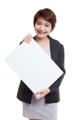 Young Asian business woman with  white blank sign.