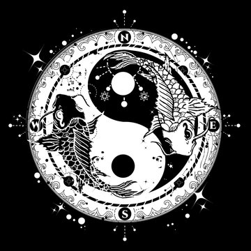 Black and white carp in Yin and Yang symbol, tattoo art