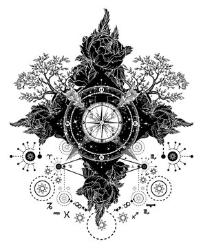 Tattoo art. Compass, crossed arrows, roses, evergreen tree