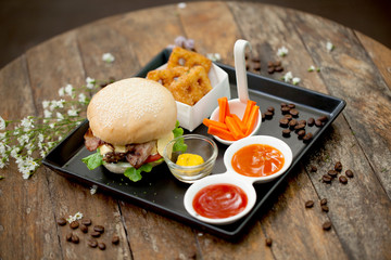 chicken burger with tomato and onion,selective focus