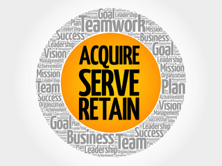 Acquire, Serve and Retain circle word cloud, business concept