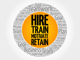 Hire, Train, Motivate and Retain circle word cloud, business concept