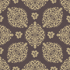 Seamless oriental pattern in the style of baroque. Traditional classic ornament. Brown and golden pattern